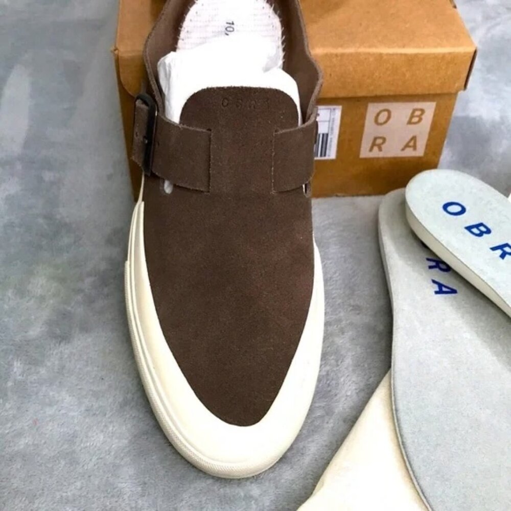 Obra Men's Heavy Suede Buckled Mule  Brown Size 10 New in Box